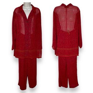 Lane Bryant Chiffon Red Floral Tunic Button Front Elastic Pant Set Women 14 16